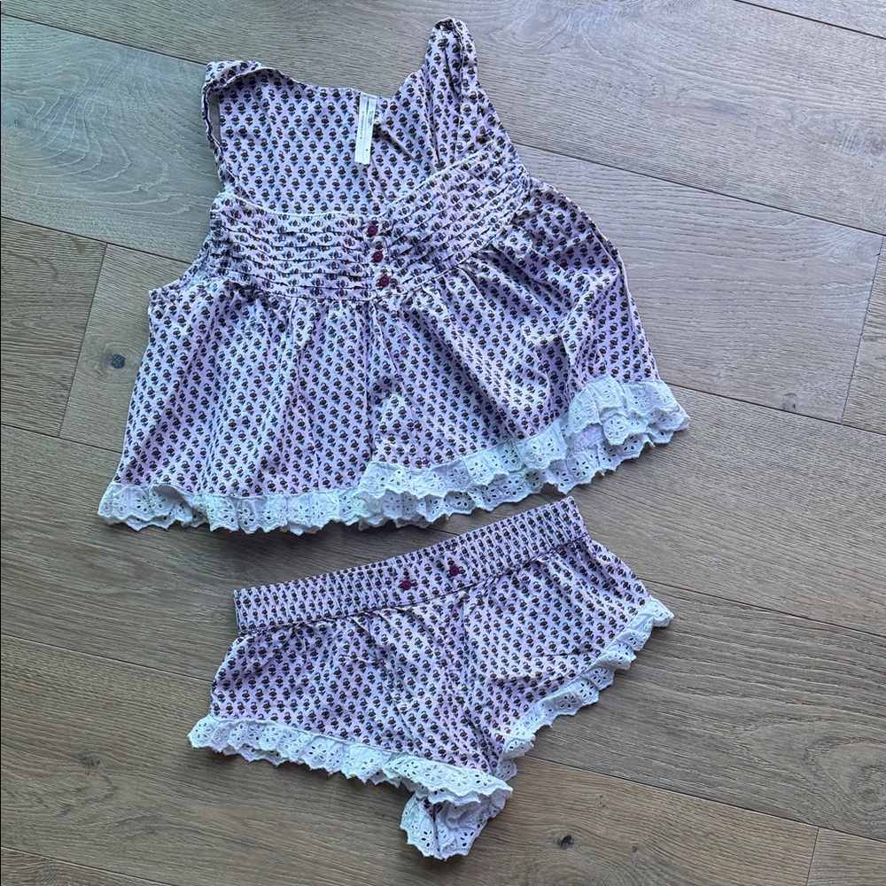 Anthropologie Lavender-Pink Floral Lace-Trim Cami & Shorts Set